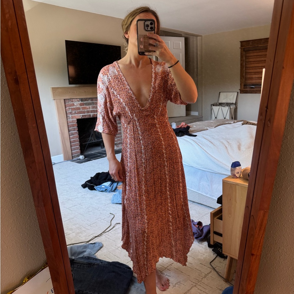 En Creme Pink and Orange Wrap Tie Front Sundress